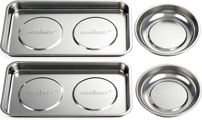 HORUSDY 4-Piece Large Magnetic Parts Tray Set, Stainless Steel Heavy Duty 9.5" W x 5.5''L Square and 4.5" Round Magnetic Trays Tools Parts Tray