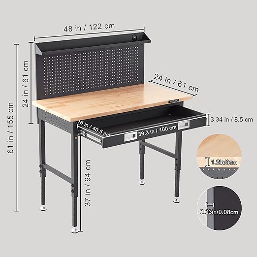 VEVOR Workbench Adjustable Height 28-39.5'' Work Bench for Garage Oak Plank & Carbon Steel Heavy Duty Workbench 2000lbs Weight Capacity top Size 48x24 Hardwood Workbench 3m Cable 30 Hooks, Black