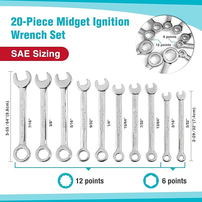 DURATECH Mini Wrench Set, Midget Combination Wrench Set, 20-Piece, Metric & SAE, 4-11mm & 5/32" - 7/16", Lightweight, with Rolling Pouch