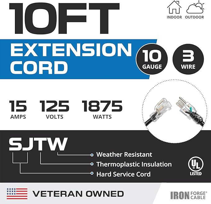 Iron Forge Cable 10 ft Lighted Outdoor Extension Cord - 10/3 SJTW Heavy Duty Black Extension Cable with 3 Prong 15 AMP Grounded Plug for Safety