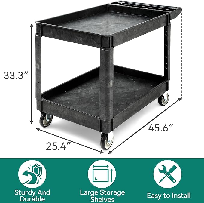 YITAHOME 2 Tier Heavy Duty Plastic Utility Cart 45 x 25 Inch, Rolling Work Cart w/Deep Shelves & 360° Swivel Wheels(2 Brake), Plastic Tool Cart Suitable for Warehouse, Garage, Office, Cleaning, Black