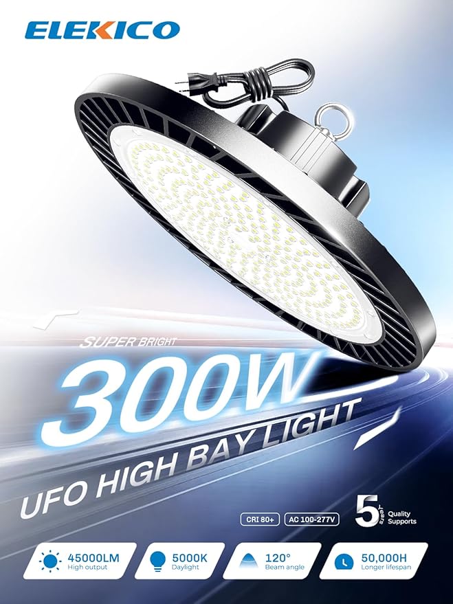 ELEKICO 300W UFO Led High Bay Light| 5000K 45000LM High Bay Led Shop Lights with 5ft Cable Hanging Hook Safe Rope| Shop Light & Garage Lighting Lights for Factory Workshop Warehouse Garage Barn