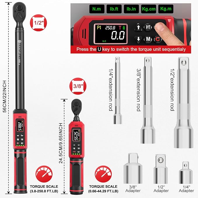 3/8"&1/2" Digital Torque Wrench Set(0.66-44.29Ft.Lb/0.9-60N.m&3.8-250.8Ft.Lb/5.1-340Nm), ±1% Accuracy with Vibration, Buzzer,LED Notification and Five Units of Measure, for Car,Moto, DIY