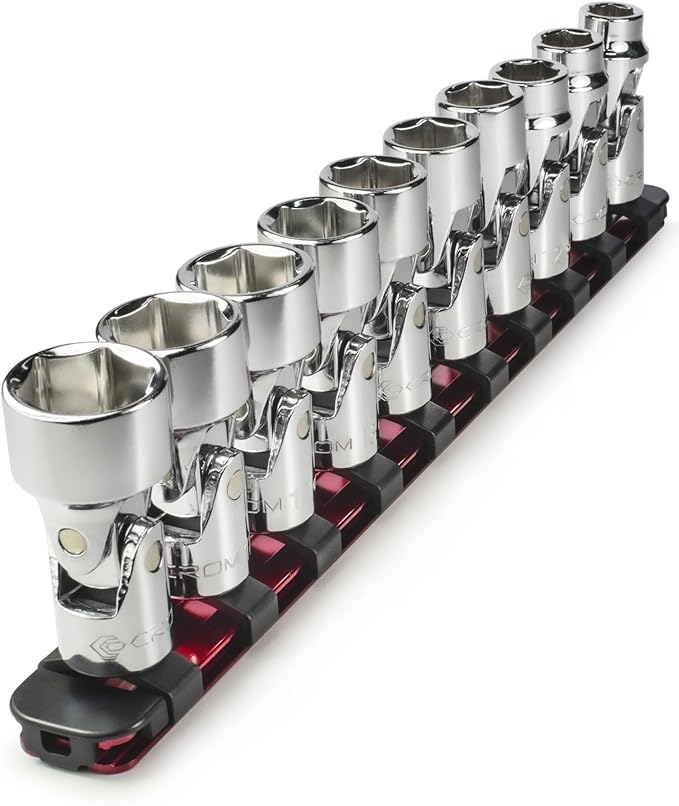 CROM Universal Flex Socket Set - 3/8 Inch Drive 6-Point 10-Piece Swivel Socket Set from 10mm to 19mm Metric - Swivel Joint for Easier Access to Tight Spaces - Aluminum Socket Storage Rail Included