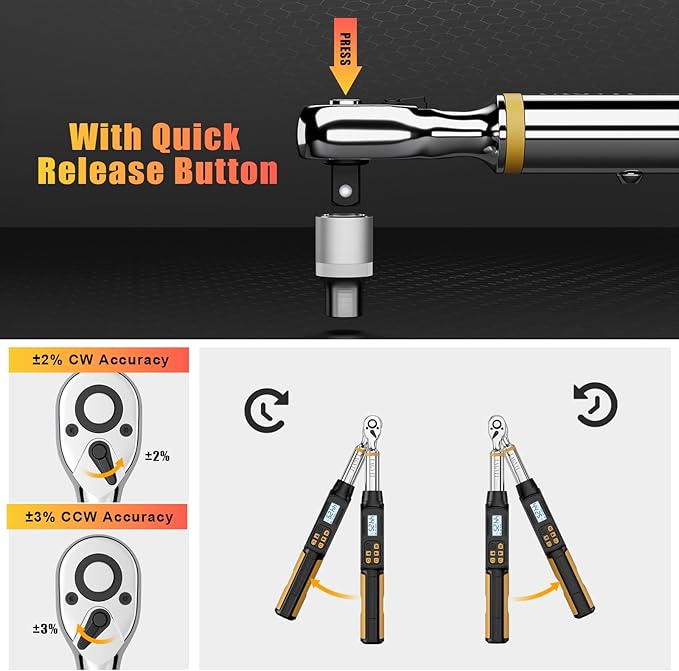 3/8 Inch Drive Digital Torque Wrench, 2.21-44.25 Ft-lb/3-60 Nm Bike Electronic Torque Wrench with Preset Modes, Data Storage, Buzzer and LED Flash Notification for Bicycle Moto