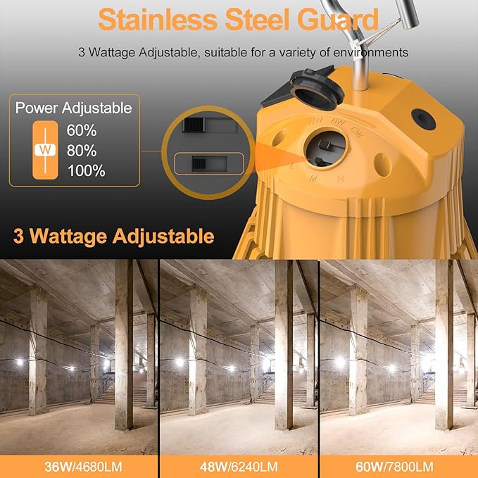 60W/48W/36W Construction LED Work Light 7800LM 5000K Daylight Linkable Portable Jobsite Light for Garage Bench Shop, Hanging Large Area Work Light Input 100~277VAC, Plug in Temp
