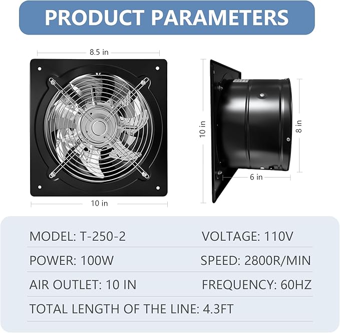 10 Inch Exhaust Fan,794CFM Kitchen Exhaust Fan with Speed Controller,110V 100W Wall Mounted Vent Fans with Damper for Shop, Smoking Room, Industrial Ventilation Use (10-inch Black)