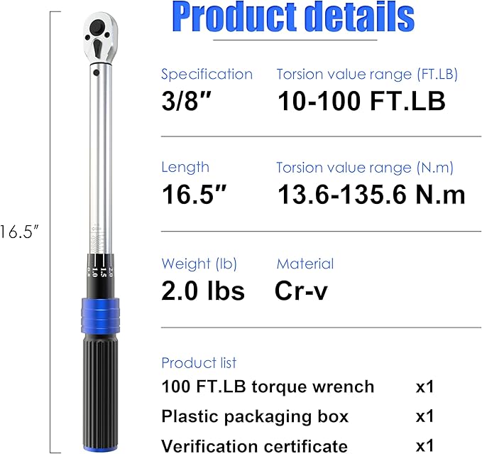3/8-inch Drive Torque Wrench 10-100 Ft Lb/15-135 Nm/Heavy Duty/Dual Direction/High hardness/Long lifetime/Stored In a Solid Case