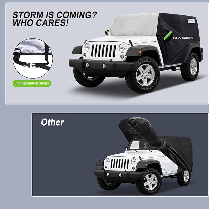 NOVSIGHT Cab Cover for Jeep Wrangler 2 Doors - 2007-2025 CJ, TJ, JK, JL, All Weather Half Car Covers for Wrangler 2 Door with 3 Straps Anti-UV Windproof Rain-Proof Auto Cover with Storage Bag