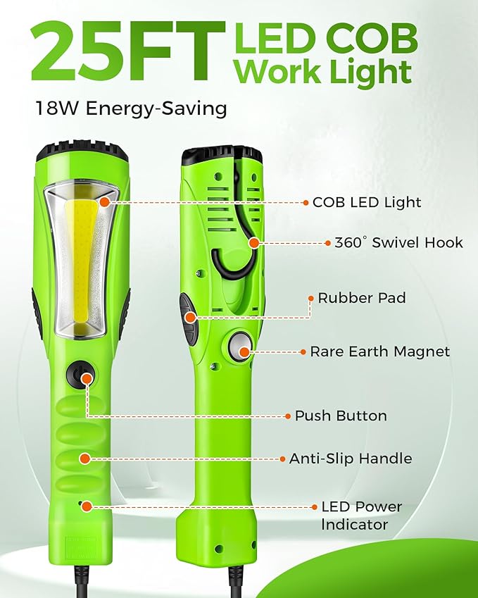 18W LED Work Light, 25FT 2000LM COB LED Light, Handheld Underhood Trouble Light with Cord 16 Gauge SJTW, Swivel Hook, for Garage, Workshop, Car Repair Scene, ETL Listed, Green J04WL06