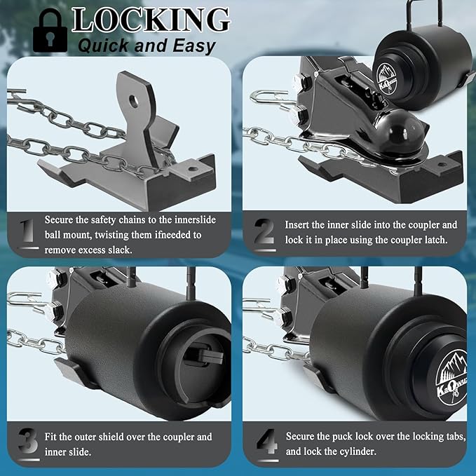 Trailer Lock, Heavy Duty Tongue Locks Fits 2 5/16-Inch Couplers, Anti-Theft, Anti-Smashing, Secures Safety Chains,Steel Tow Hitch Lock with Handle for RV, Trailer, Boat (Balck with Handle)
