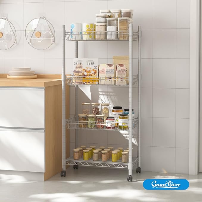 Guan River 4 Tier Wire Shelving Wire Basket Shelf Storage Cart Adjustable Metal Shelf 2 Bottoms for Choose(Castor or Leveling Feet) for Office,Kitchen,Bedroom,Silver(23.23" L x 13.11" W x 49.21" H)