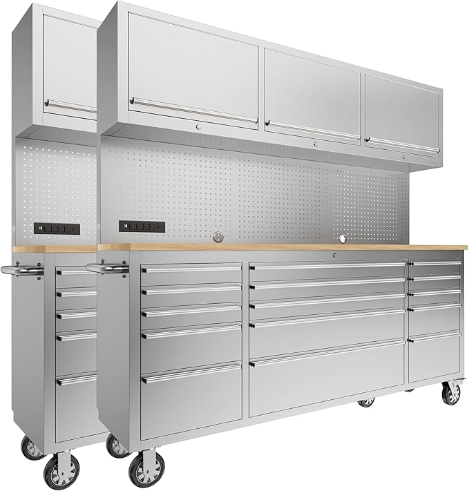 CHETTO C 72-inch Rolling Tool Chest Cabinet Mobile Workbench with 15 Storage Drawers and Wheels 3 Uper Cabinet Outlet SS Pegboard Stainless Steel Tool Box for Garage 2 Pack