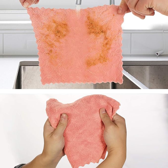 kimteny Cleaning Cloths Kitchen Towels Microfiber Washcloths Lint Free Dish Cloth Reusable Dishtowels Household Super Absorbent Fast Drying, 10"x10", Pack of 5 (Pink-Grey)