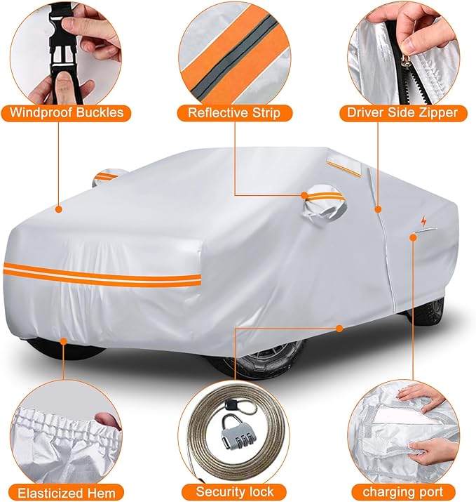 Waterproof Car Cover Replace for Tesla Cybertruck, 6 Layers Silver All Weather Full Car Covers with Zipper Door & Windproof Bands for Snow Rain Dust Protection