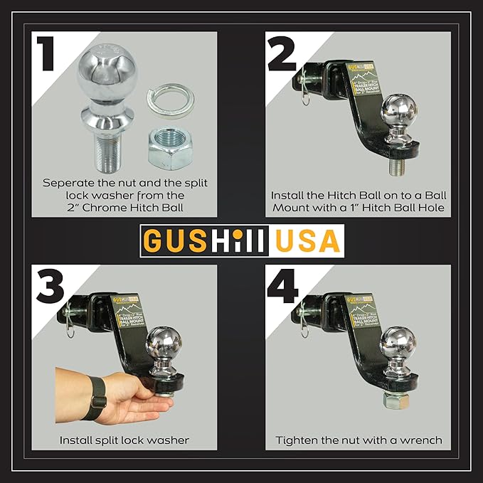 GusHill USA GH40004 Chrome Trailer Hitch Ball, 6,000 lbs, 2-Inch Diameter, 1 x 2 -Inch Shank