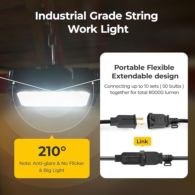 LED Work String Lights: Super Bright 90W 10800LM ETL Listed Linkable Waterproof Outdoor/Indoor Temporary Hanging Lighting for Construction Attic Jobsite Garage