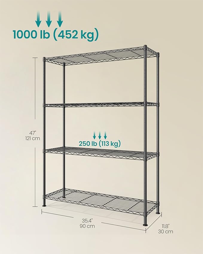 SONGMICS Storage Shelf, Metal Wire Shelving Unit, Adjustable Shelves, for Garage, Bedroom, Living Room, Kitchen, Pantry, 4 Tier, 11.8 x 35.4 x 47.6 Inches, Ink Black ULGR194BH01S