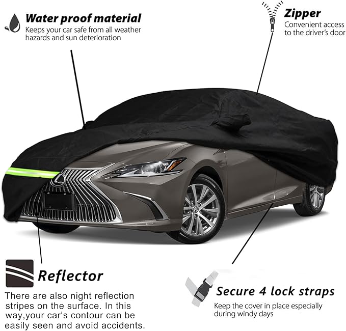YIXIN Waterproof Car Cover for 2012-2026 Lexus ES ES300 ES330 ES350 ES300h Car Cover Custom Fit 100% Waterproof Windproof Strap & Single Door Zipper Up to 198” L(Black-for Lexus ES car Cover)