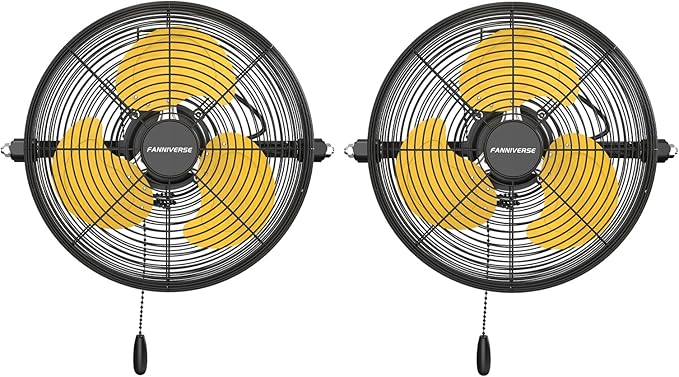 2PCS 12 Inch High Velocity Wall Mount Fan, 2800 CFM Heavy Duty Metal Commercial Wall Fan 360° Tilt & Pull Chain for Garage, Workshop, Gym & Covered Patio