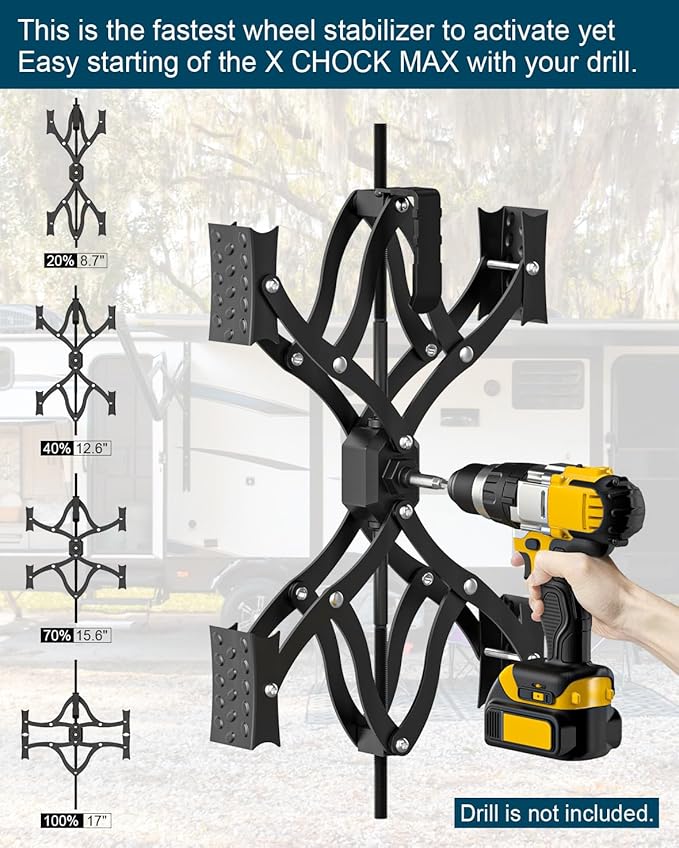 Black X-Shape Wheel Chocks Stabilizer XL [Extended Allow Drill Adjust], Double Sets 4'' to 17'' RV Tire Stabilizers Locked Chocks for Campers Travel Trailers Trucks, Wheel Scissor with Wrench