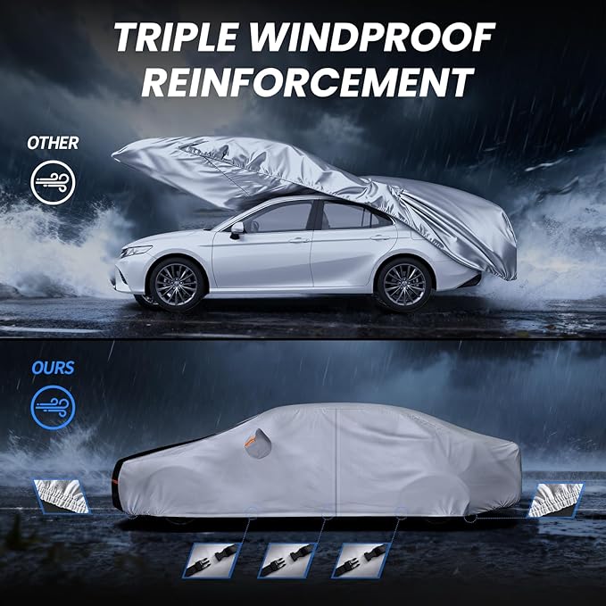 Sedan Car Cover 100% Waterproof All Weather, 10 Layers Outdoor Car Covers for Automobiles - Sun & Rain Protector Full Exterior Covers. Custom Fit Lexus ES, Ford Taurus, Audi A6, Cadillac XTS, etc. A3