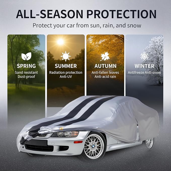 Multi-Layer Car Cover Custom Fit for BMW Z3(1998-2026), 100% Waterproof All Weather for Automobiles, Gift with Towel, Heavy Duty Car Covers for Rain Sun UV Protection with Door Zipper