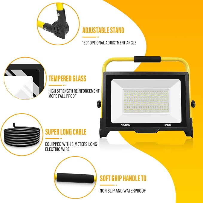 Willpower Portable LED Work Light 150W Job Site Lights 15000LM IP66 Waterproof Construction Floodlights Outdoor with Stand 6000K Daylight White for Camping Workshop Garage with 3.5m Wire Plug