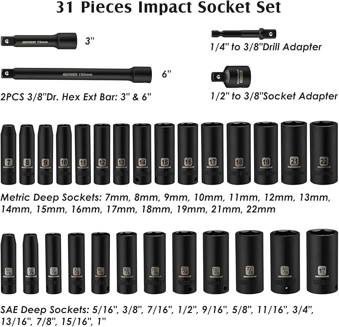 MIXPOWER 3/8" Drive Deep Impact Socket Set, 6 Point, 31 Piece SAE and Metric Socket Set, 7-22mm, 5/16"-1", Cr-V Steel Mechanic Socket Set