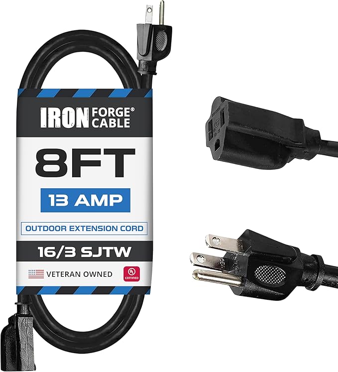 Iron Forge Cable Outdoor Extension Cord Waterproof 8 ft - 16/3 SJTW, 13 Amp Heavy Duty 3 Prong Extension Cord for Home or Garden