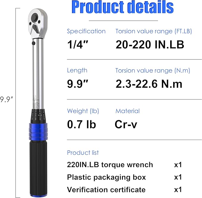 1/4-inch Drive Click Torque Wrench 20-220 in.lb / 2.3-24.9 Nm/Heavy Duty/Dual Direction/High hardness/Long lifetime/Stored In a Solid Case