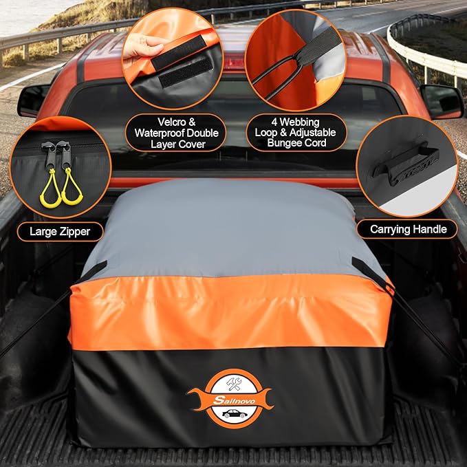 Sailnovo Truck Bed Cargo Bag, 38 Cubic ft Waterproof Cargo Bag for Truck Bed, Heavy Duty PVC Truck Cargo Bag Fits Any Truck Size with 6 Stretch Cord, Packing Bag (59''x48''x23'')