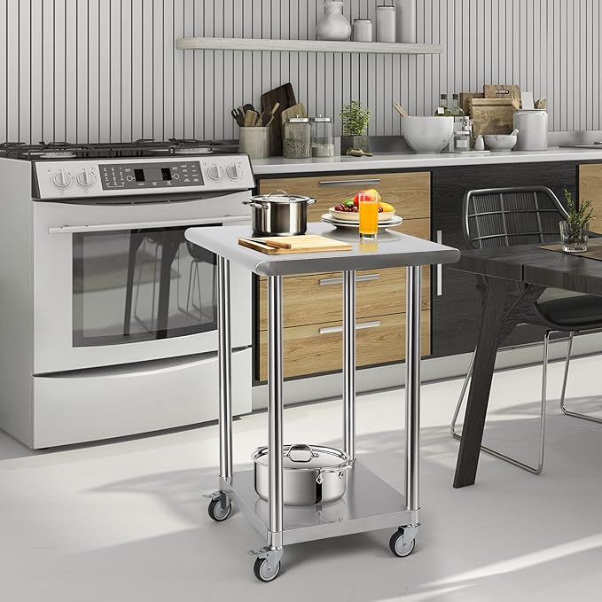tonchean Stainless Steel Table with Wheels, 24x24 Inch NSF Kitchen Work Table with Adjustable Shelf, Heavy Duty Rolling Food Prep Tables for Home Restaurant