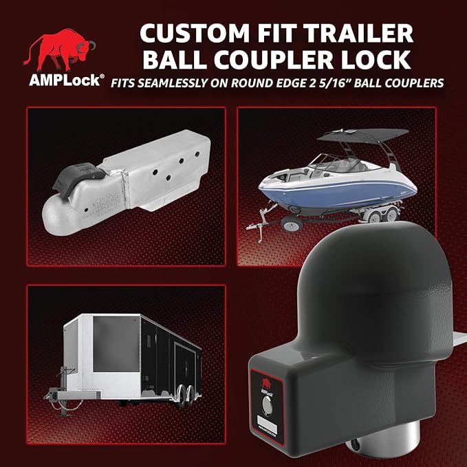 AMPLock - U-BRA2516 Heavy Duty Trailer Coupler Lock, 2 5/16" Trailer Hitch Lock for RV, Trailer Ball Lock, Anti-Theft Coupler Ball Lock, Round Edge Collar Lock Design, Push-to-Lock Security System