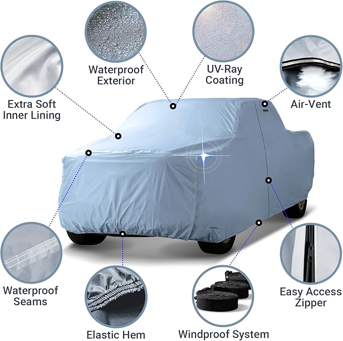 iCarCover 30-Layer Premium Truck Car Cover Waterproof All Weather | Rain Snow UV Sun Protection Full Car Covers | Dodge Ram 1500, 2500, 3500, Mega cab 6'4" Standard Bed, Size T89 (See Size Chart)