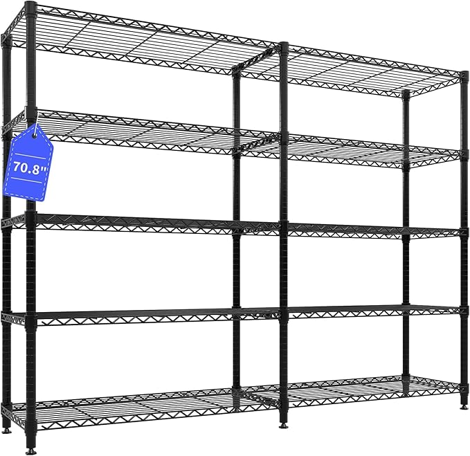5-Tier Metal Storage Shelves, Heavy Duty Wire Rack Shelving Unit for Garage Kitchen Storage, 15.7"D x 71"W x 70.5"H Adjustable Shelf for Basement & Pantry Room Organization, Easy Assembly