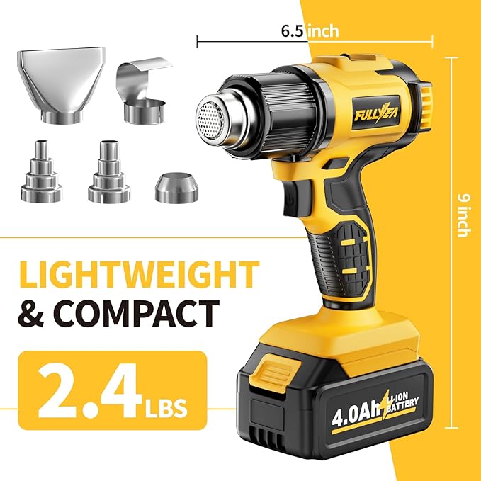 FULLYEA Cordless Heat Gun, 300℃-550℃ Fast Heating Gun Kit, 2 Temperature Setting Cordless Heater, Hot Air Gun with 2*4.0Ah Batteries & 5 Types Nozzles, Heat Guns for Shrink Tubing, Crafting (Yellow)