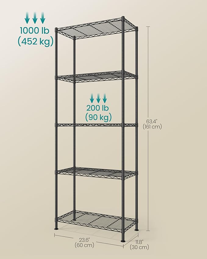 SONGMICS Storage Shelf, Metal Wire Shelving Unit, Adjustable Shelves, for Garage, Bedroom, Living Room, Kitchen, Pantry, 5 Tier, 11.8 x 23.6 x 63.4 Inches, Ink Black ULGR165BH01S