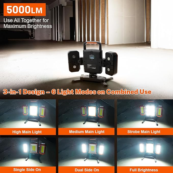 Tresda 3-in-1 Modular Rechargeable Work Light, 50W 5000LM Portable LED Work Lights with Detachable Dual Side Lights, 9 Modes, 360° Rotation, Magnetic Base & Hooks for Workshop Jobsite Repair Camping