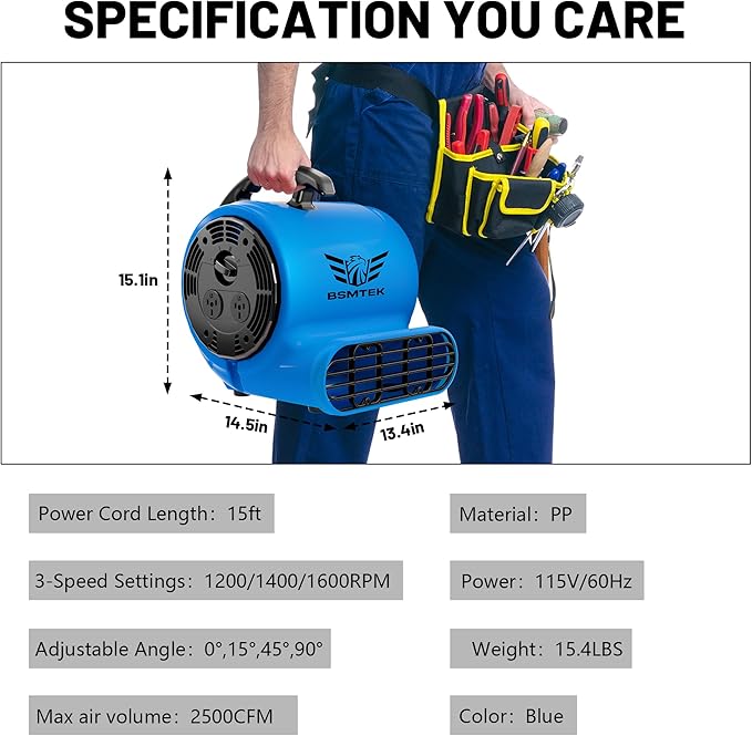 Air Mover Blower Fan, Industrial 1/2HP 2500CFM Monster Floor Blower Carpet Dryers - 3 Speeds, 4 Adjustable Angles, 15FT Long Cord, Stackable - 2026 Upgraded