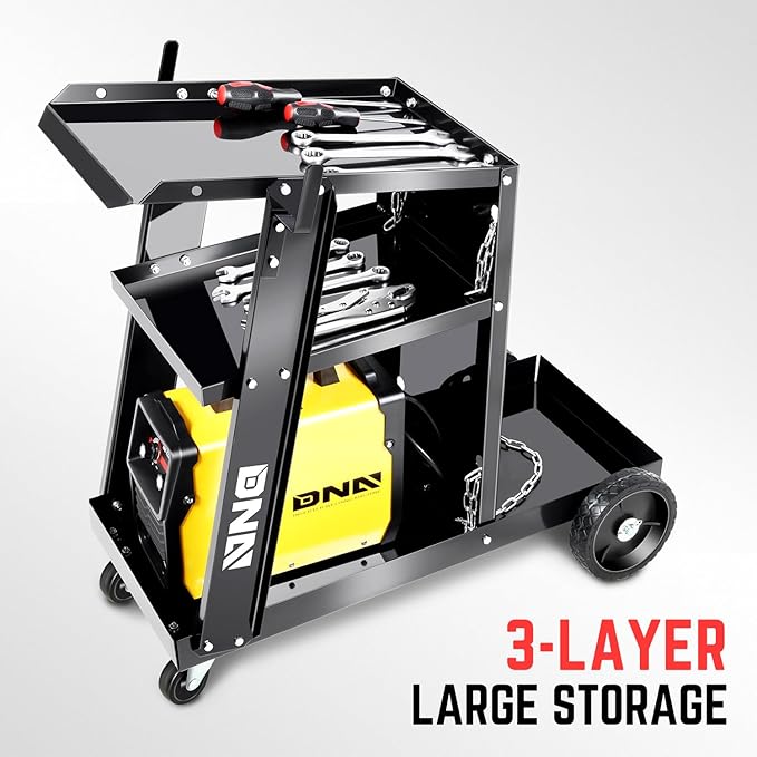 DNA Motoring Welding Cart for TIG MIG Welder and Plasma Cutter, Heavy Duty 3 Tiers Rolling Welding Cart, Rolling Welding Trolley w/360° Swivel Wheels, Tank Storage Safety Chains, TOOLS-00464