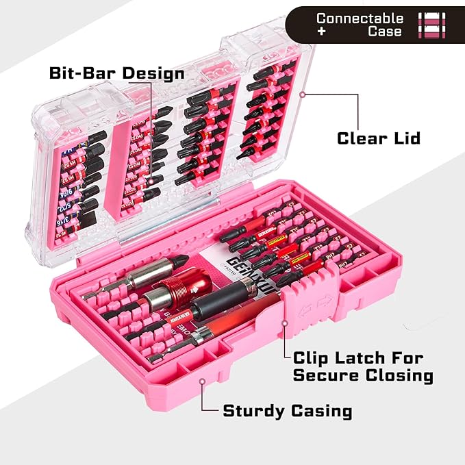 Geinxurn 40Pieces Impact Screwdriver Bits Set, Magnetic S2 Steel Phillips/Slotted/Square/Torx Insert Power Bits Tips, Impact Bit Holder with Pink Storage Box Case