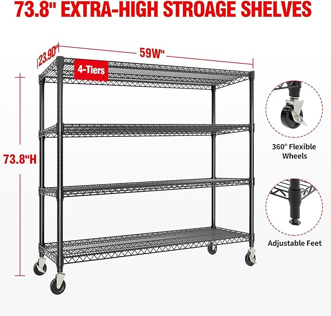 Metal Shelving with Wheels, 2640LBS 4-Tier Heavy Duty Garage Storage Shelves, Adjustable Wire Rack Shelving Unit w/Casters, Rolling Shelf for Home, Workshop, Basement, 74" H×24" D×60" W