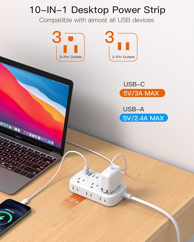 15FT Flat Plug Power Strip with USB C, BESHON Flat Extension Cord, 6 Outlets 4 USB Port(2 USB C), No Surge Protector, Cruise Ship, Dorm Room Travel Essentials