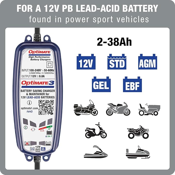 OptiMate3 0.8A, Smart Battery Saving Charger for 12V Lead-acid Motorcycle and Powersport Batteries