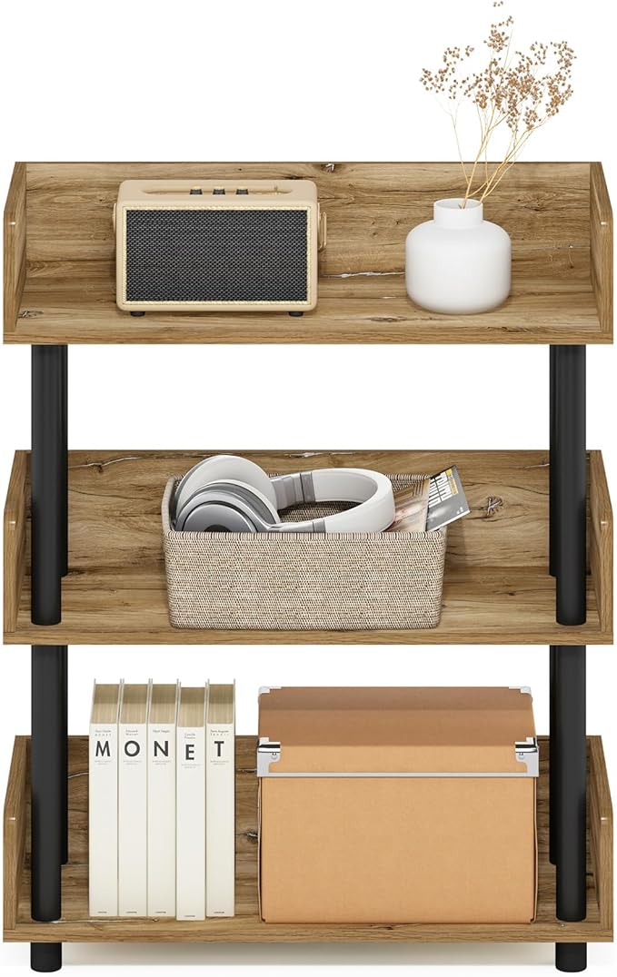 Furinno TURN-N-TUBE Display Shelf, 3-Tier Storage Shelves with Side Panels, Open Shelves Book Shelf with Rounded Corner Top Edges, for Organization and Storage, Living Room, Home Office, Flagstaff Oak