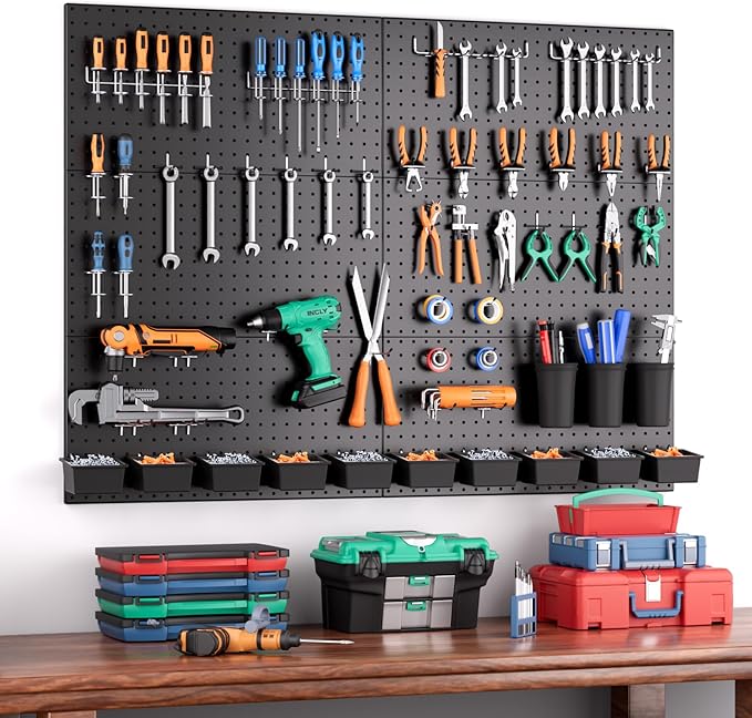 INCLY 226PCS Metal Pegboard Wall Organizer, 48x36 Inch Black Peg Board Panels Tool Organizer Kit with Hooks Bins and Cups, Peg Board Storage System for Garage Workbench Shed