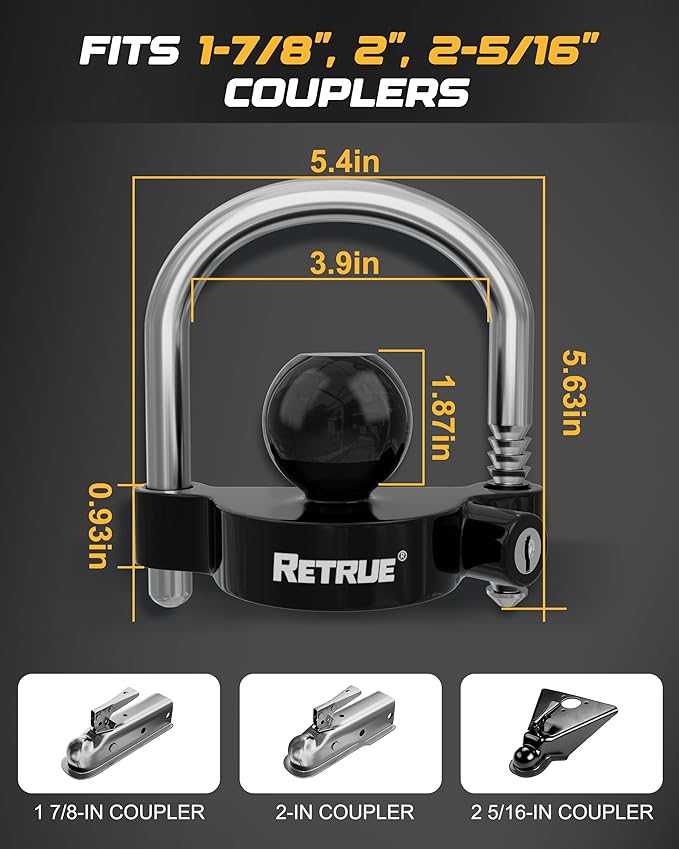 RETRUE Universal Coupler Lock Trailer Locks Ball Hitch Trailer Hitch Lock Adjustable Security Heavy-Duty Steel fits 1-7/8 Inch, 2 Inch, 2-5/16 Inch Couplers, Black