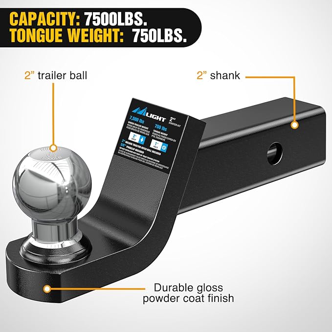 Nilight Fusion Trailer Hitch Mount w/Welded 2 Inch Trailer Ball & Hitch Pin, Fits 2 Inch Receiver, 7500 lbs 2" Drop