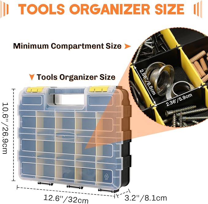Small Parts Organizer 2 Pack | Storage Case Tools Box 34-Compartments Double Side Organizer Box with Removable Dividers for Small Hardware, Screws, Bolts, Nuts, Nails, Beads (Yellow)